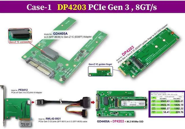 Alt view image 5 of 6 - Gen-Z 1C(EDSFF) PCIe Gen4 Golden Finger to M.2 NVMe SSD Adapter