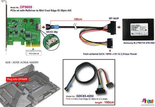 Alt view image 3 of 6 - PCIe x4 Gen4 with ReDriver to MCIO 38P Add-in Card
