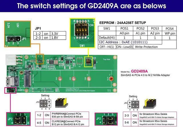 Alt view image 5 of 6 - SlimSAS 4i(SFF-8654) to M.2 NVMe(22x110mm) SSD, Support Hot plug Power Protection