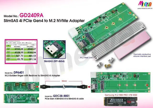 Alt view image 3 of 6 - SlimSAS 4i(SFF-8654) to M.2 NVMe(22x110mm) SSD, Support Hot plug Power Protection