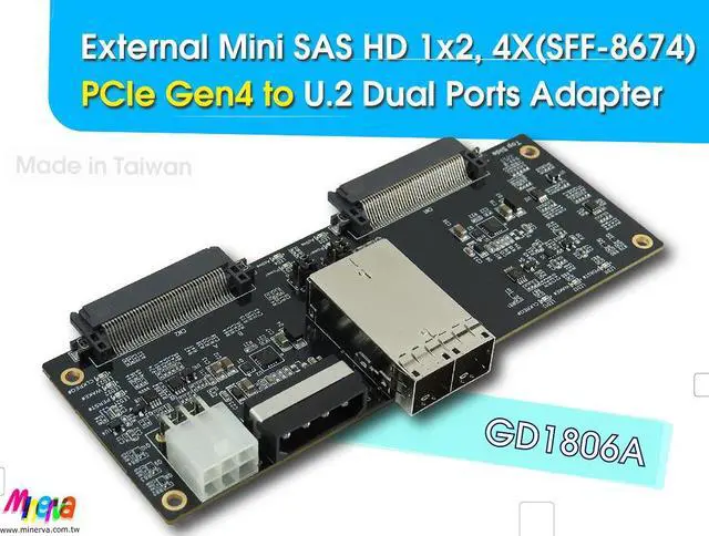 Alt view image 2 of 5 - SFF-8674 1x2, 4X PCIe 4.0 to U.2 dual port Adapter with Hot Swap Power