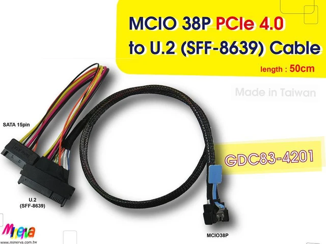 Alt view image 2 of 6 - MCIO 38P to U.2(SFF-8639)/PCIe 4.0 Cable, 50cm
