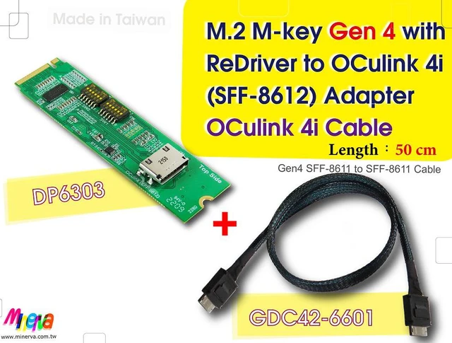 Main image of M.2 M-key PCIe Gen4 with ReDriver to OCulink 4i & OCulink (SFF-8611)4i Cable, 50cm KIT