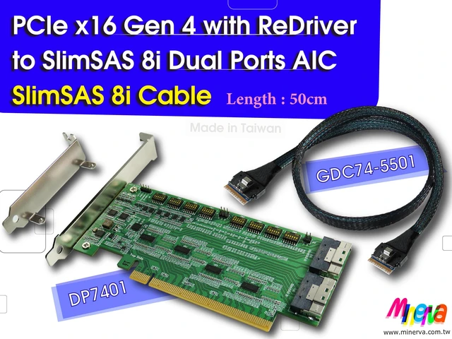 Main image of PCIe x16 Gen 4 with ReDriver to SlimSAS 8i dual port AIC + SlimSAS 8i cable, 50cm x2 KIT for AMD EPYC 7002 Series