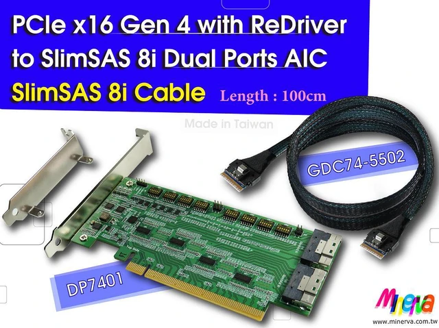 Main image of PCIe x16 Gen 4 with ReDriver to SlimSAS 8i dual port AIC + SlimSAS 8i cable,100cm x2 KIT for AMD EPYC 7002 Series
