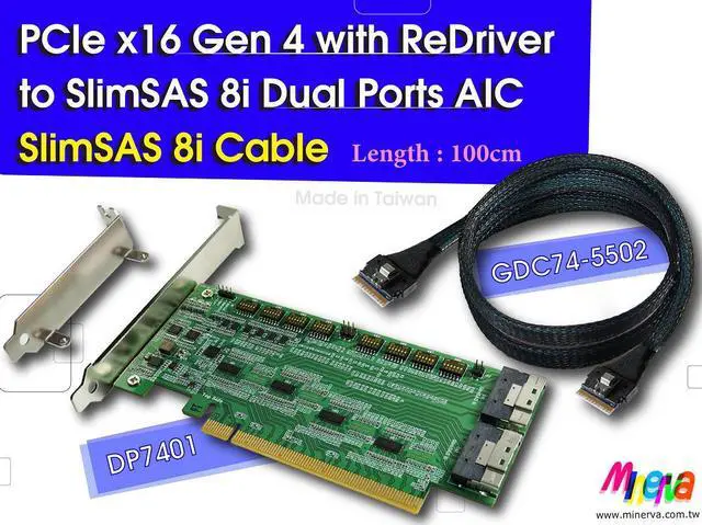 Main image of PCIe x16 Gen 4+ReDriver to SFF-8654 8i +SlimSAS 8i cable, 100cm x2 for Intel ICE LAKE SERVER