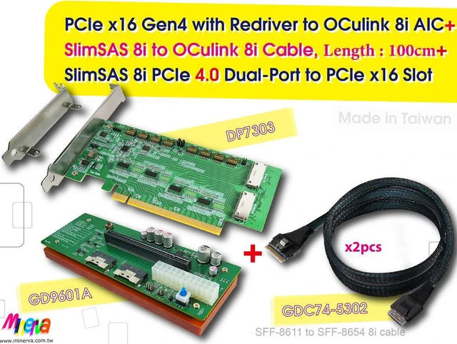 Main image of PCIe x16 Gen 4 with ReDriver to OCulink 8i x2 + OCulink 8i to SlimSAS 8i cable,100cm x2pcs + SlimSAS 8i x2 to PCIex16 Slot