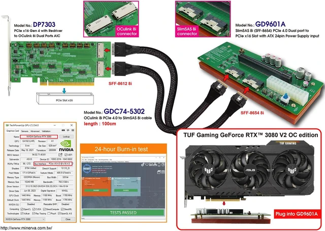 Alt view image 2 of 7 - PCIe x16 Gen 4 with ReDriver to OCulink 8i x2 + OCulink 8i to SlimSAS 8i cable,100cm x2pcs + SlimSAS 8i x2 to PCIex16 Slot