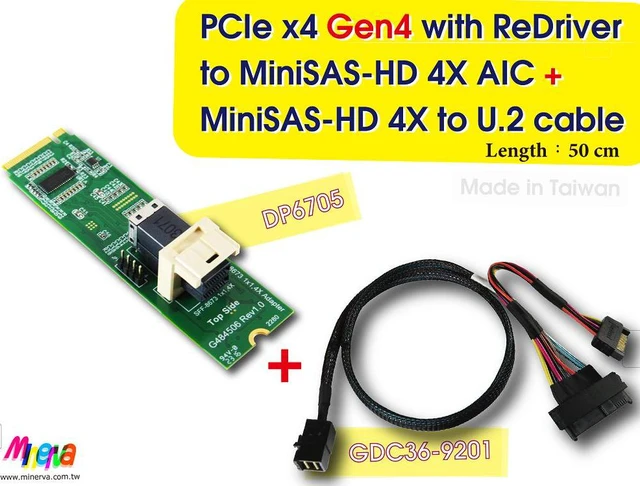 Main image of PCIe x4 Gen4 with ReDriver to MINI SAS HD 4X (SFF-8673) & MINI SAS HD 4X to U.2, 50cm cable
