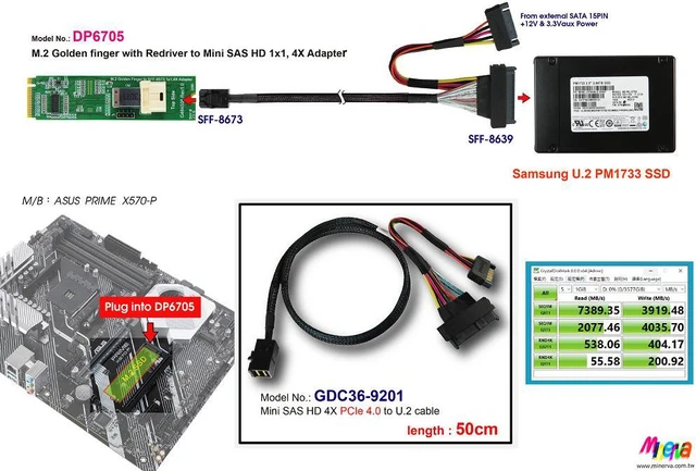 Alt view image 3 of 7 - PCIe x4 Gen4 with ReDriver to MINI SAS HD 4X (SFF-8673) & MINI SAS HD 4X to U.2, 50cm cable