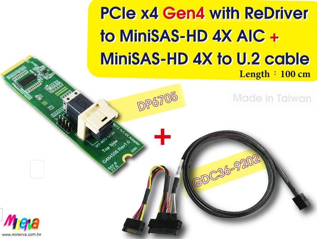 Main image of PCIe x4 Gen4 with ReDriver to MINI SAS HD 4X+MINI SAS HD 4X to U.2, 100cm cable