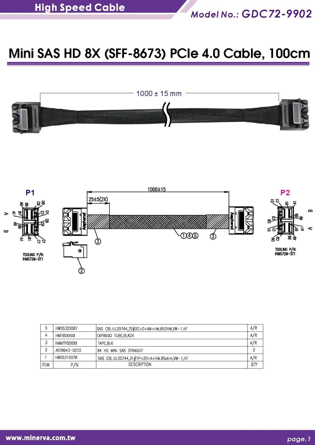 Alt view image 4 of 5 - MINI SAS HD 8X (SFF-8673) PCIe 4.0 to MINI SAS HD 8X Cable, 100cm