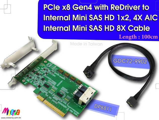 Main image of PCIe x8 Gen4 with ReDriver to SFF-8673 8x(Mini SAS HD), signals ESD protection & MINI SAS HD 8X PCIe 4.0 Cable, 100cm