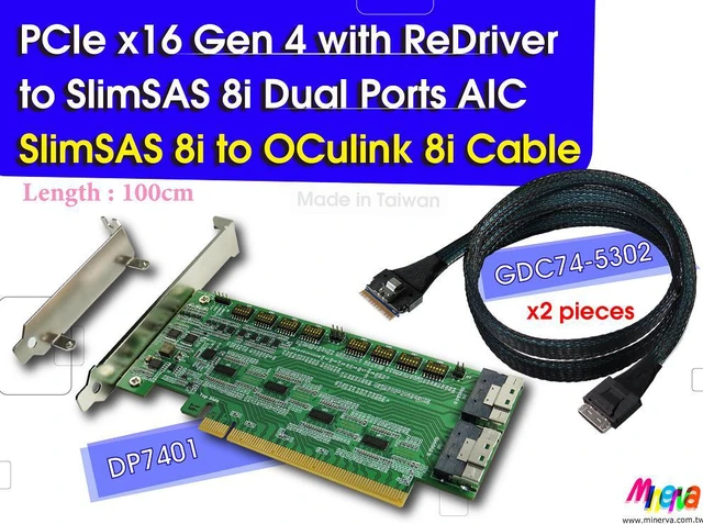 Main image of PCIe x16 Gen4 with ReDriver to SlimSAS 8i dual port AIC & SlimSAS 8i to OCulink 8i cable, 100cm x2 pieces