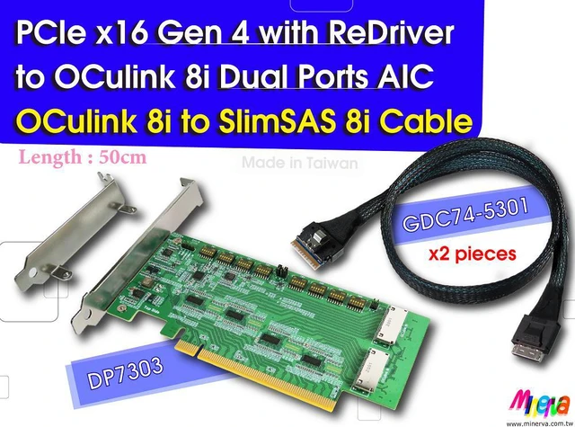 Main image of PCIe x16 Gen4 with ReDriver to OCulink 8i dual port AIC & OCulink 8i to SlimSAS 8i cable, 50cm x2pcs