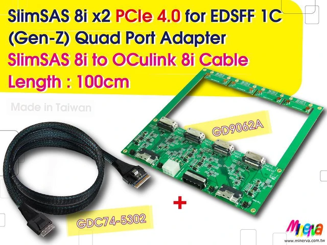 Main image of SlimSAS 8i (SFF-8654) dual port PCIe 4.0 for EDSSF 1C Quad Port Adapter & SlimSAS 8i to OCulink 8i Cable, 100cm x2pcs