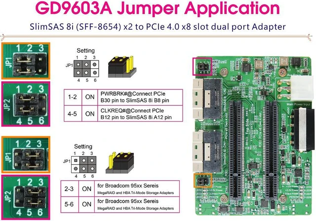 Alt view image 3 of 5 - SlimSAS 8i (SFF-8654) dual port to PCIe x8 Gen4 Slot dual port with Hot plug Power Protection & SlimSAS 8i Cable, 100cm x2pcs