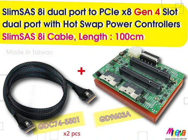 Main image of SlimSAS 8i (SFF-8654) dual port to PCIe x8 Gen4 Slot dual port with Hot plug Power Protection & SlimSAS 8i Cable, 100cm x2pcs