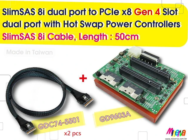 Main image of SlimSAS 8i (SFF-8654) dual port to PCIe x8 Gen4 Slot dual port with Hot plug Power Protection & SlimSAS 8i Cable, 50cm x2pcs