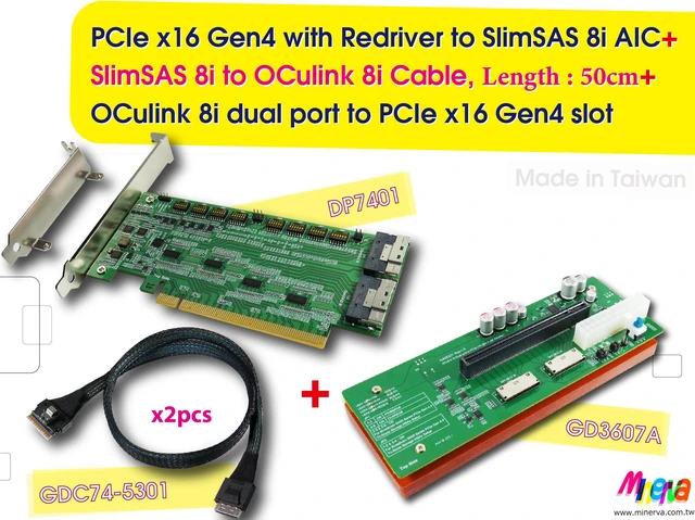 Main image of PCIe x16 Gen4 with ReDriver to SlimSAS 8i dual port & SlimSAS 8i to OCulink 8i cable, 50cm x2pcs & OCulink 8i dual port PCIe 4.0 to PCIe x16 Slot