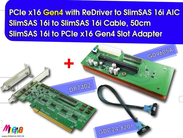 Main image of PCIe x16 Gen4 with ReDriver to SlimSAS 16i (SFF-8654) AIC & SlimSAS 16i, 50cm cable & SlimSAS 16i to PCIe x16 with +12V, 3.3V, 3.3Vaux Hot Swap Power Controllers