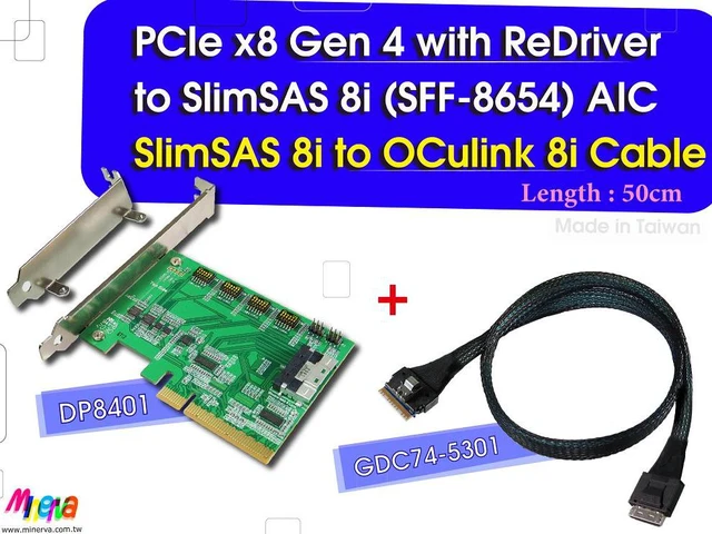 Main image of PCIe x8 Gen 4 + ReDriver to SlimSAS 8i Adapter & SlimSAS 8i to OCulink 8i (SFF-8611) cable, 50cm KIT