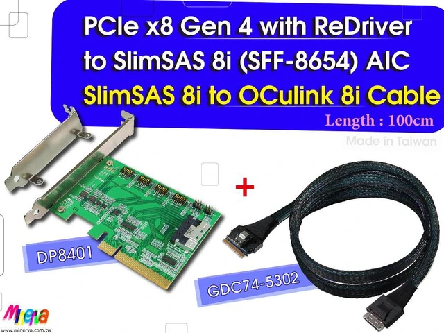 Main image of PCIe x8 Gen 4 + ReDriver to SlimSAS 8i Adapter & SlimSAS 8i to OCulink 8i cable, 100cm KIT