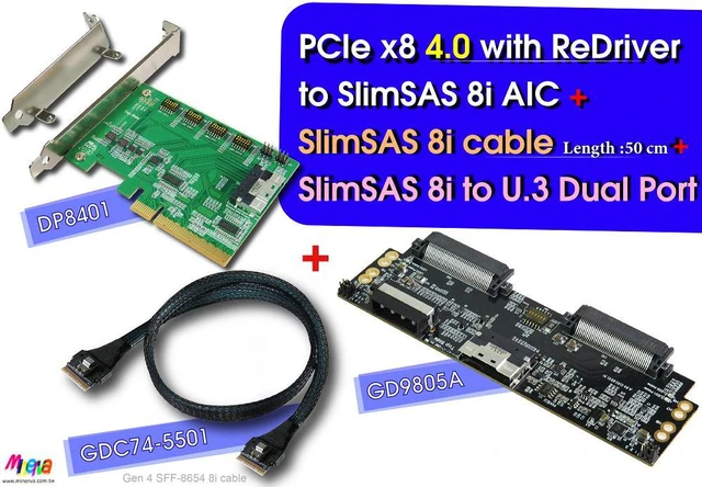 Main image of PCIe x8 Gen4 with ReDriver to SlimSAS 8i AIC & SlimSAS 8i cable, 50cm & SlimSAS 8i to U.3 Daul port Adapter