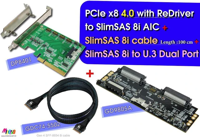 Main image of PCIe x8 Gen4 with ReDriver to SlimSAS 8i AIC & SlimSAS 8i cable, 100cm & SlimSAS 8i to U.3 Daul port Adapter