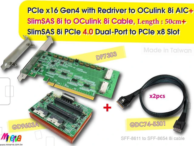 Main image of PCIe x16 Gen4 with ReDriver to OCulink 8i Daul port AIC & OCulink 8i to SlimSAS 8i cable, 50cm x2pcs & SlimSAS 8i Daul port to PCIe x8 Slot Daul port