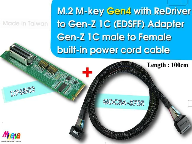 Main image of PCIe x4 Gen 4 with ReDriver + Hot Swap controllers for EDSFF 1C AIC & Gen-Z 1C Male to Female built-in power cord cable,100cm