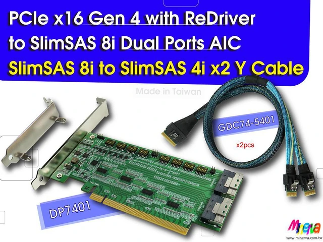 Main image of PCIe x16 Gen4 with ReDriver to SlimSAS 8i dual port AIC & SlimSAS 8i to SlimSAS 4i x2 Y cable x2pcs