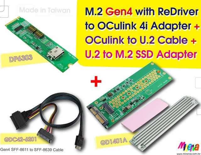 Main image of M.2 M-key Gen4 with ReDriver to OCulink 4i & OCulink 4i to U.2 (SFF-8639) Cable, 50cm & U.2 to M.2 NVMe Adapter KIT