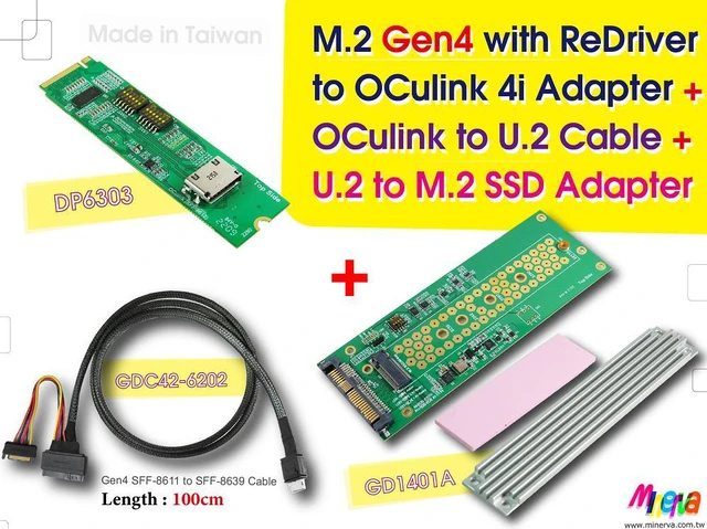 Main image of M.2 M-key Gen4 with ReDriver to OCulink 4i & OCulink 4i to U.2 (SFF-8639) Cable, 100cm & U.2 to M.2 NVMe Adapter KIT