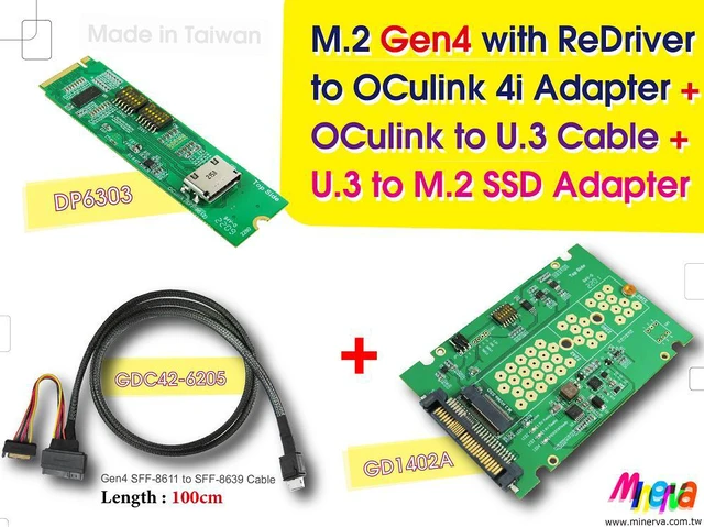 Main image of M.2 M-key Gen4 with ReDriver to OCulink 4i & OCulink 4i to U.3 Cable, 100cm & U.3 to M.2 NVMe Adapter KIT