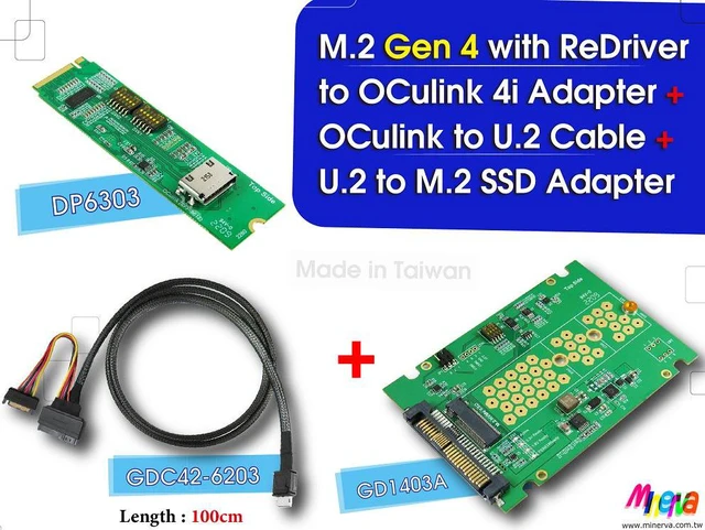 Main image of M.2 M-key PCIe Gen 4 with ReDriver to OCulink 4i & OCulink 4i to U.2 (SFF-8639) Cable, 100cm & U.2 to M.2 NVMe SSD Adapter KIT