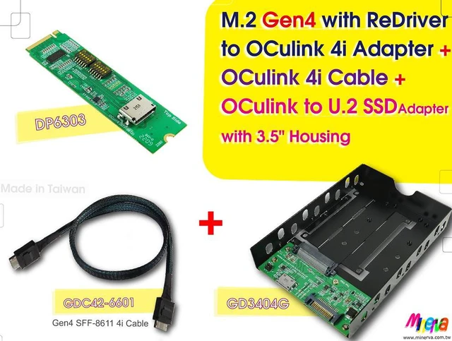 Main image of M.2 M-key PCIe Gen 4 with ReDriver to OCulink 4i & OCulink 4i (SFF-8611) Cable & OCulink (SFF-8612) for U.2 (SFF-8639) SSD with 3.5" Housing KIT