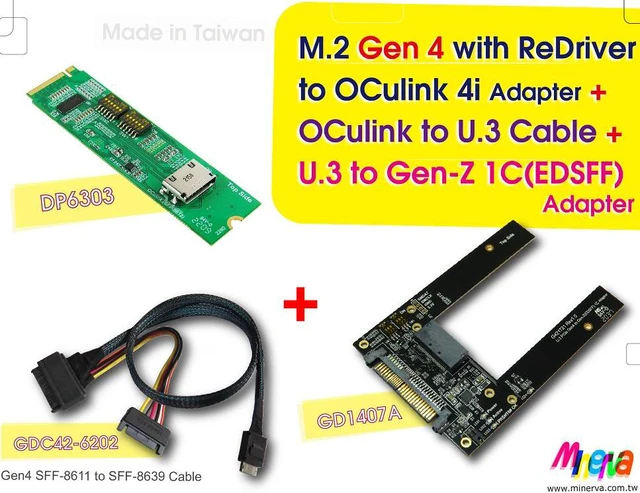 Main image of M.2 M-key PCIe Gen 4 with ReDriver to OCulink 4i Adapter & OCulink 4i to U.3 Cable, 50cm & U.3 PCIe 4.0 to EDSFF (Gen-Z) 1C Adapter KIT
