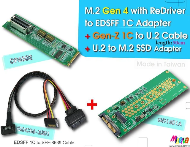 Main image of M.2 PCIe 4.0 with ReDriver for EDSFF 1C & Gen-Z 1C to U.2 Cable, 50cm & U.2 to M.2 NVMe SSD Adapter