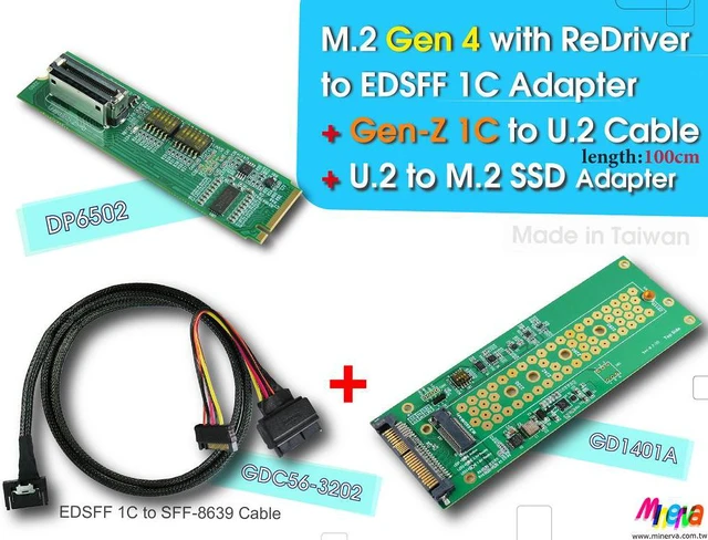 Main image of M.2 PCIe 4.0 with ReDriver for EDSFF 1C Adapter & Gen-Z 1C to U.2 Cable, 100cm & U.2 to M.2 NVMe SSD Adapter