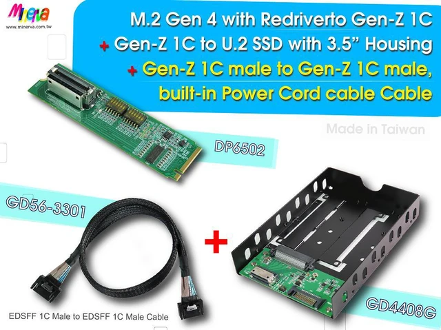 Main image of M.2 PCIe Gen 4 with ReDriver to EDSFF 1C & EDSFF 1C Male, built-in Power Cord Cable, 50cm & en-Z 1C PCIe 4.0 to U.2 NVMe SSD with 3.5" Enclosure