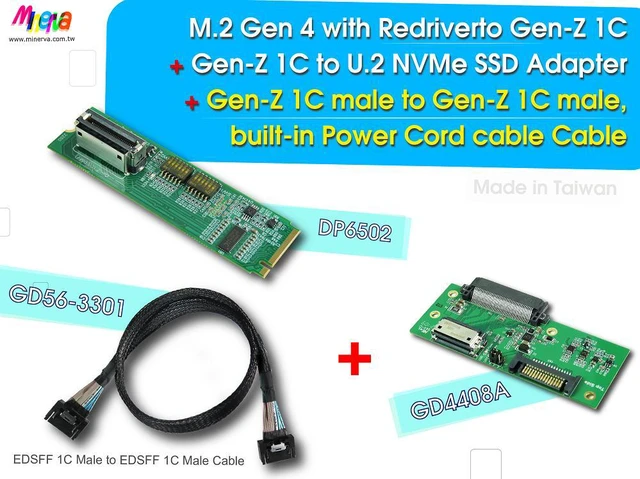 Main image of M.2 PCIe Gen 4 with ReDriver to Gen-Z 1C & EDSFF 1C Male, built-in Power Cord Cable, 50cm & Gen-Z 1C to U.2(SFF-8639) NVMe SSD Adapter KIT