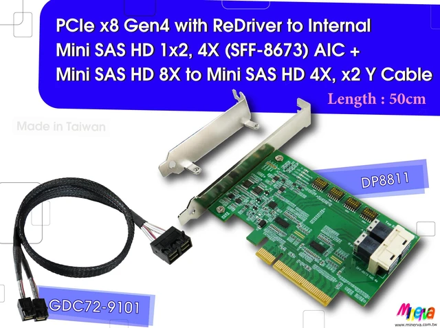 Main image of PCIe x8 Gen4 with ReDriver to SFF-8673 1x2, 4X AIC & SFF-8673 8X to SFF-8673 4X, x2 Cable, 50cm