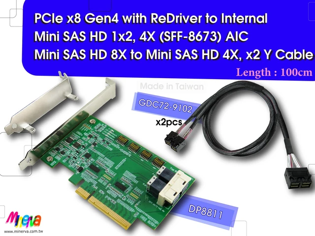 Main image of PCIe x8 Gen4 with ReDriver to Internal Mini SAS HD 1x2, 4X AIC & Mini SAS HD 8X to Mini SAS HD 4X, x2 Cable, 50cm