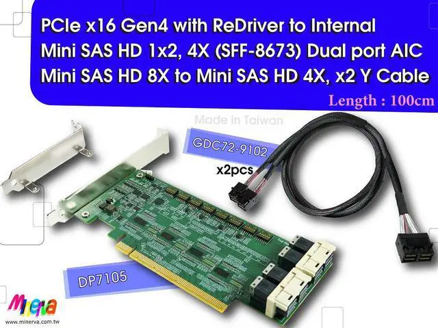 Main image of PCIe x16 Gen4 with ReDriver to Internal Mini SAS HD 1x2, 4X dual port AIC & Mini SAS HD 8x to Mini SAS HD 4X, x2 Y Cable x2pcs, 100cm
