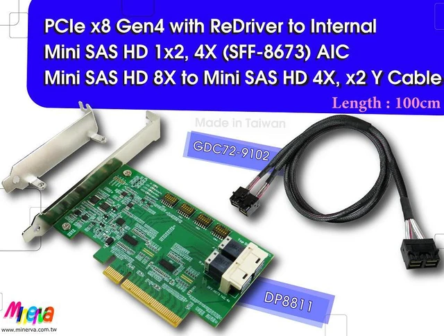 Main image of PCIe x8 Gen4 with ReDriver to SFF-8673 1x2, 4X dual port AIC & SFF-8673 8X to SFF-8673 4X, x2 Cable, 50cm