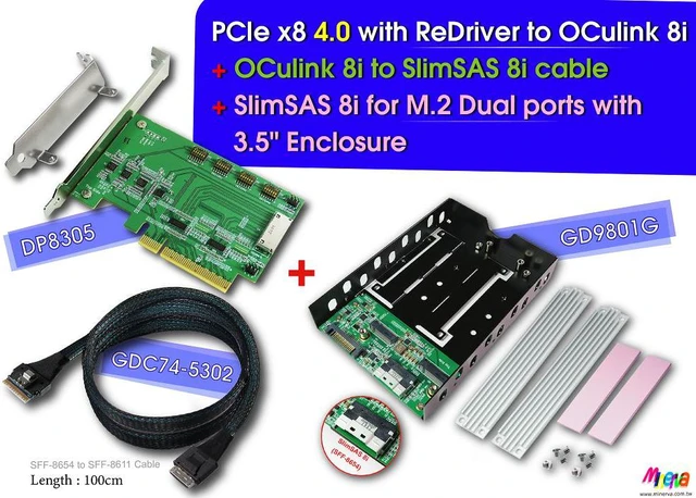 Main image of PCIe x8 Gen 4 with ReDriver to OCulink 8i AIC & OCulink 8i to SlimSAS 8i cable,100cm & SlimSAS 8i to M.2 NVMe Dual port+3.5" Tray