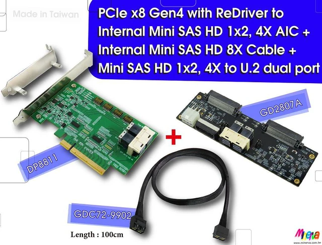 Main image of PCIe x8 Gen4 with ReDriver to Internal Mini SAS HD 1x2, 4X AIC & Mini SAS HD 8X Cable, 100cm & Mini SAS HD 8X to U.2 dual port