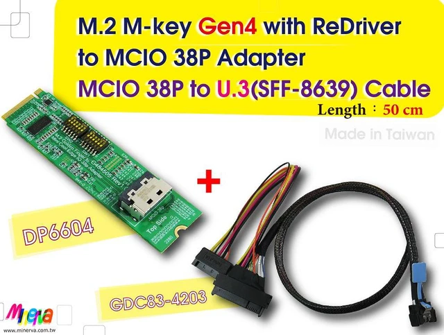 Main image of M.2 PCIe 4.0 with ReDriver to MCIO 38P+MCIO 38P to U.3(SFF-8639) Cable, 50cm