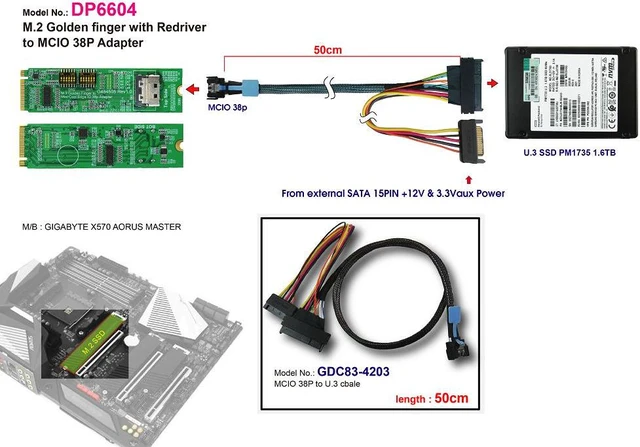 Alt view image 2 of 6 - M.2 PCIe 4.0 with ReDriver to MCIO 38P+MCIO 38P to U.3(SFF-8639) Cable, 50cm